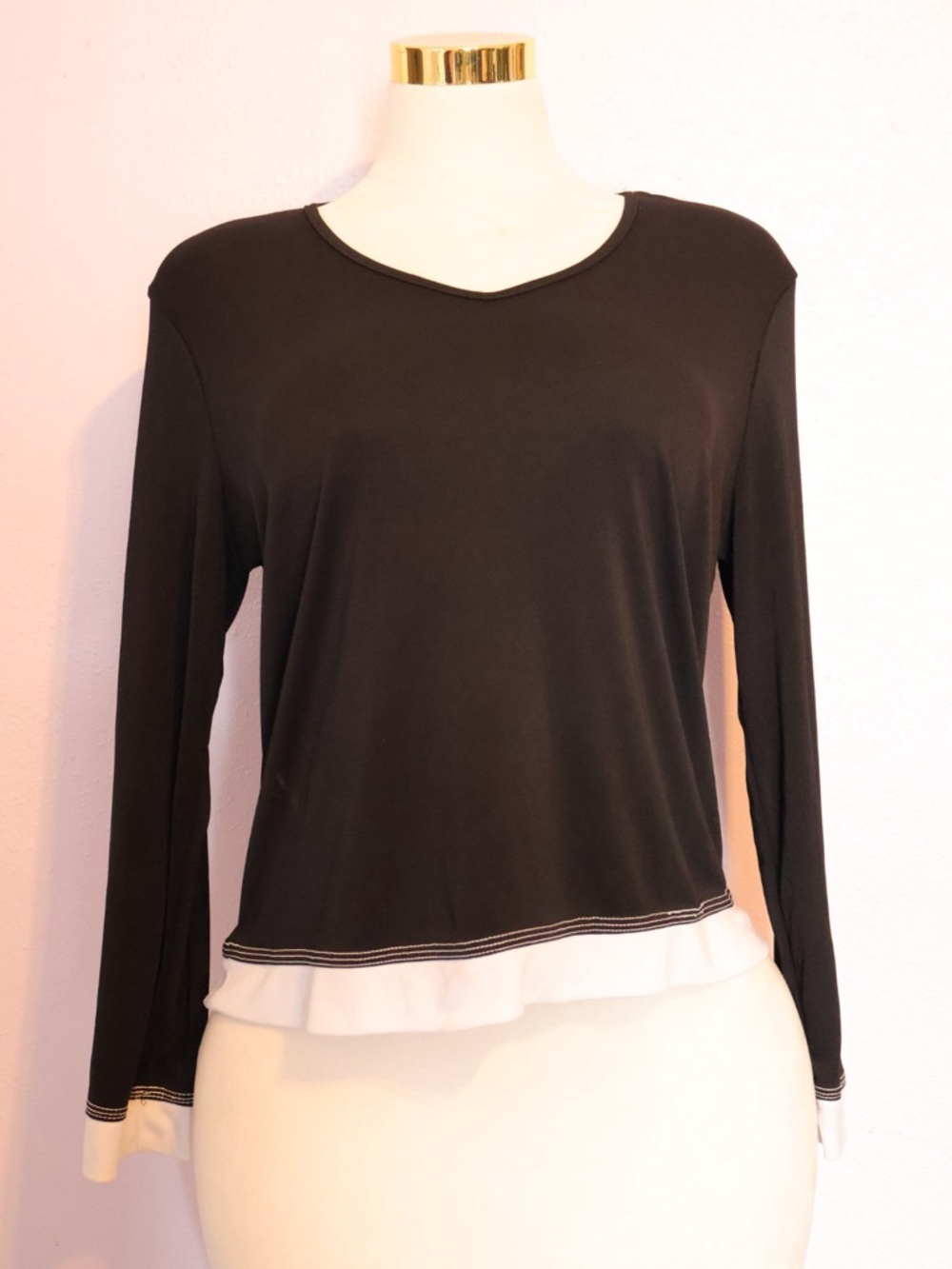 Black Long-Sleeve Layered-Hem Tee with White Contrast